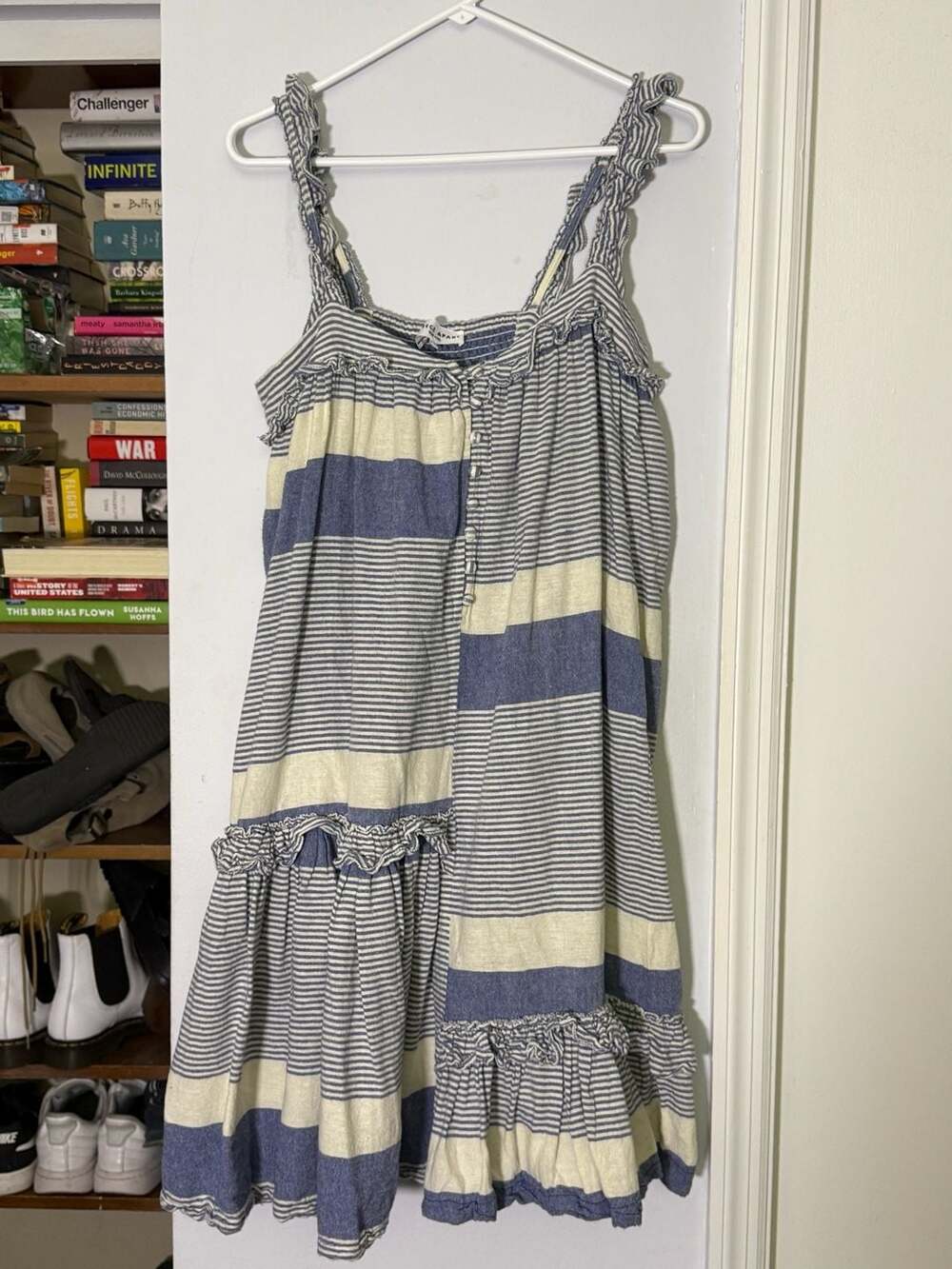 Apiece Apart Striped Ruffled Tiered Midi Dress Blue And White Size 4
